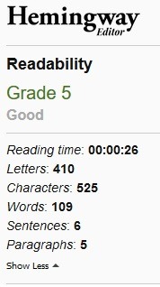 Hemingway Editor showing a paragraph rated grade 6 readability