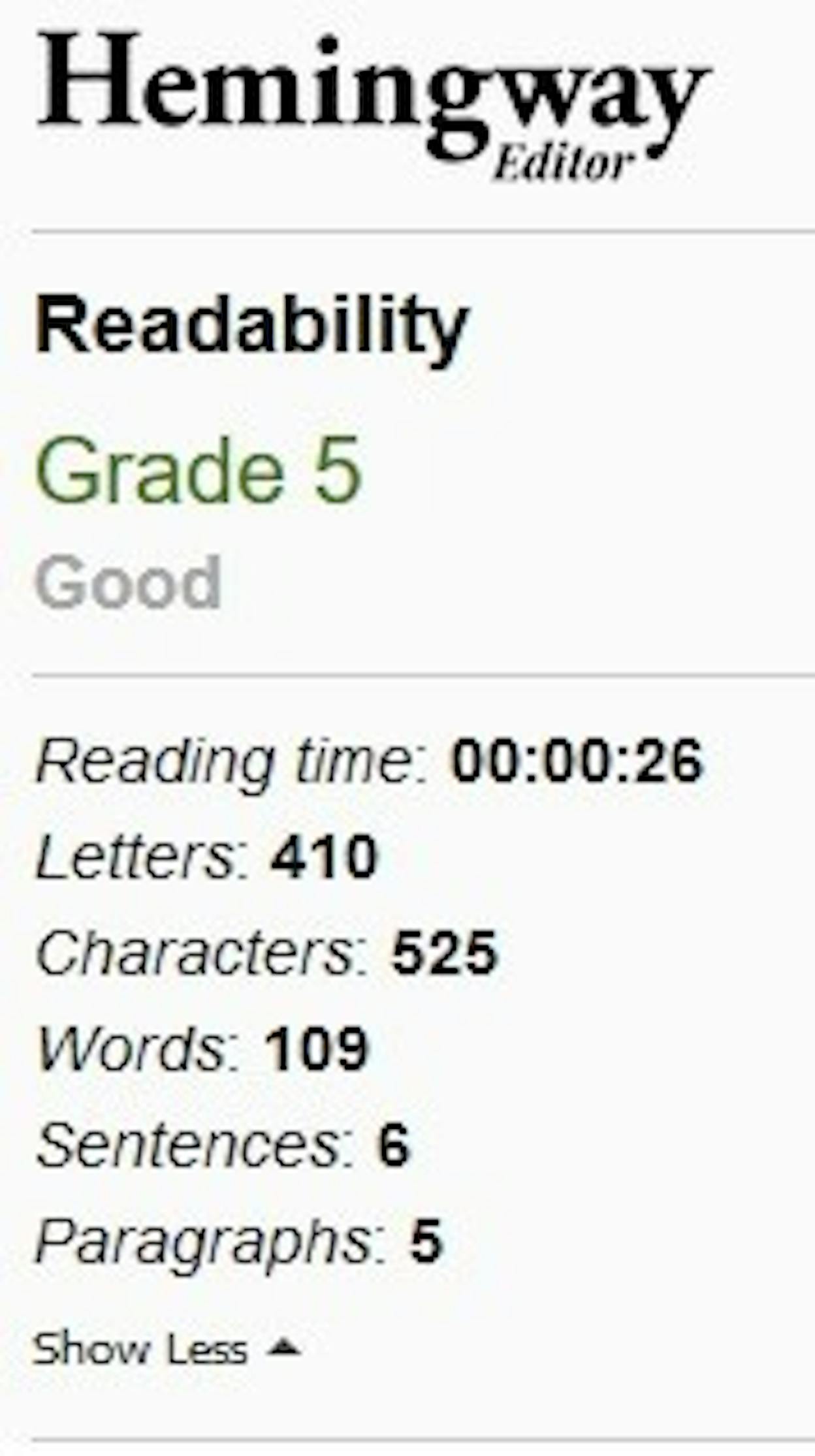 Hemingway Editor showing a paragraph rated grade 6 readability
