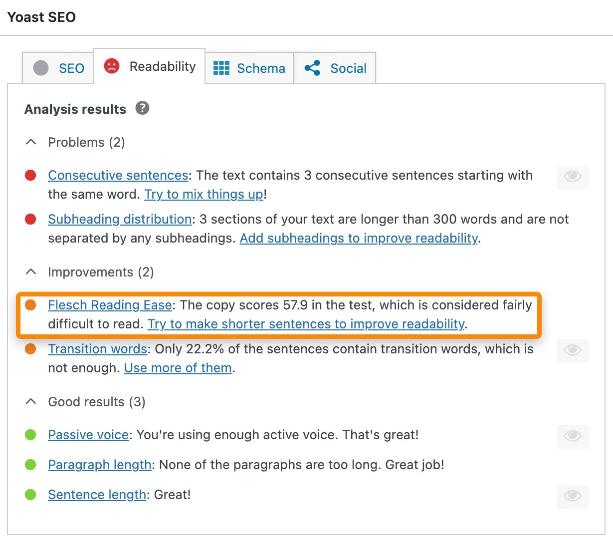 Yoast SEO or another readability tool showing a Flesch Reading Ease score on a draft post