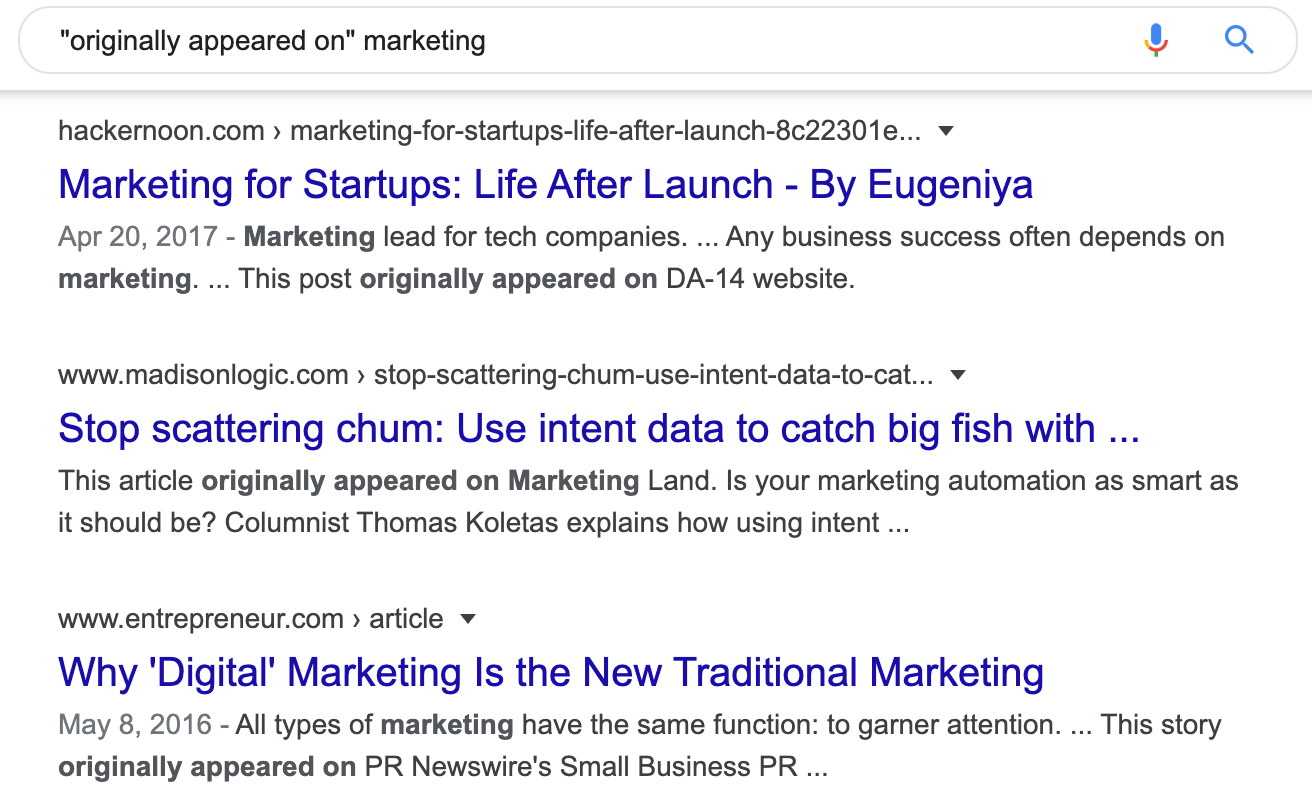 Google search results page showing &ldquo;originally appeared on marketing&rdquo; with several publication results