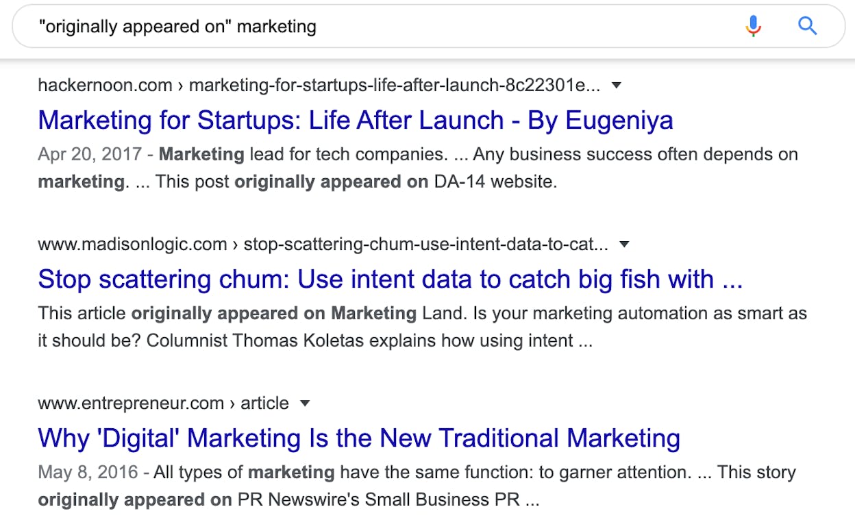 Google search results page showing &ldquo;originally appeared on marketing&rdquo; with several publication results