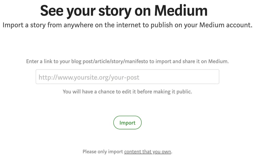 Medium’s “Import a story” feature with the URL input field