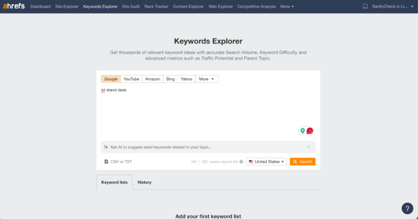 Ahrefs Keywords Explorer search bar with the seed keyword &ldquo;running shoes&rdquo; entered, showing the main dashboard with KD, volume, and matching terms count