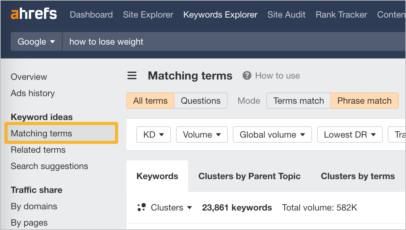 Ahrefs Matching Terms report with Questions tab toggled on, showing a list of question keywords with their search volumes