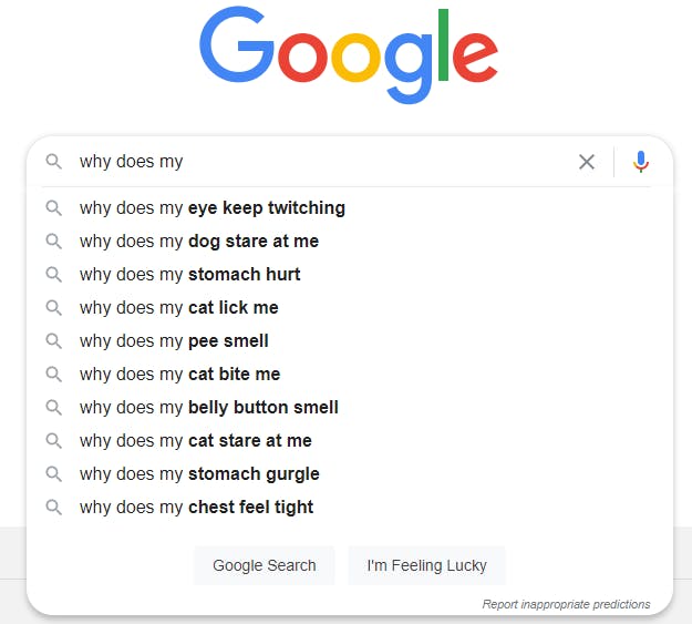 Google search bar with “how to” typed in and the autocomplete dropdown showing populated query suggestions