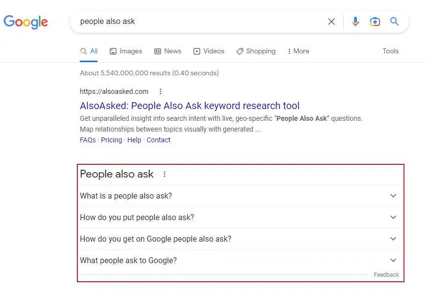 Google SERP showing the People Also Ask box expanded with 4-5 nested questions visible