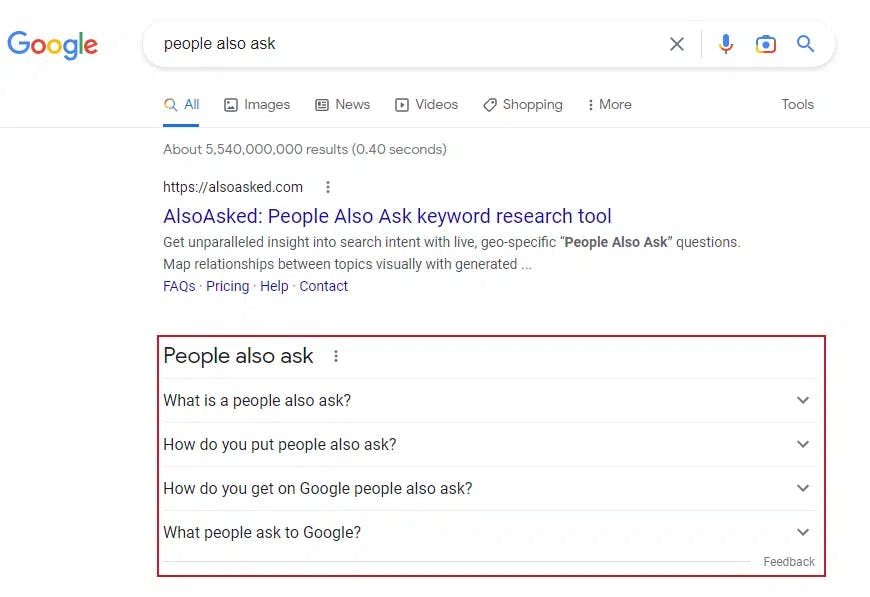 Google SERP showing the People Also Ask box expanded with 4-5 nested questions visible