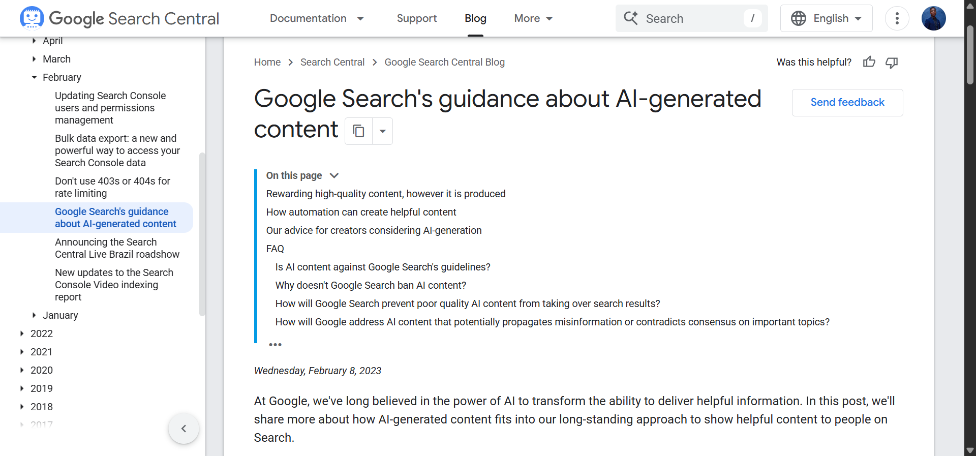 [Screenshot of the Google Search Central blog post titled &ldquo;Google Search&rsquo;s guidance about AI-generated content&rdquo; with the relevant guideline highlighted]