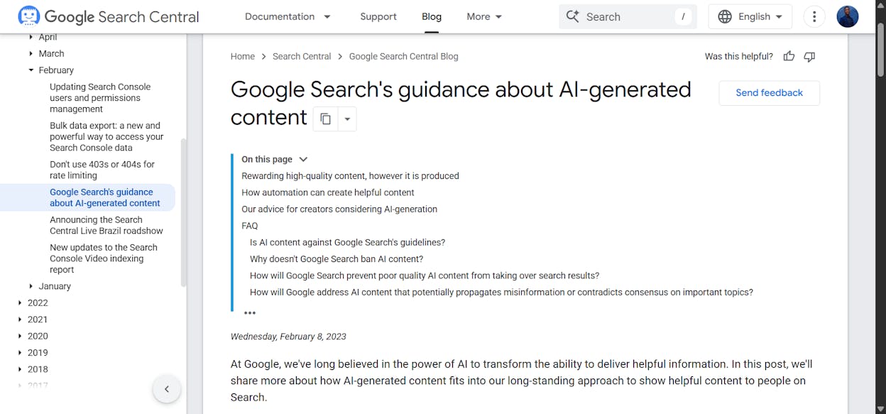 [Screenshot of the Google Search Central blog post titled &ldquo;Google Search&rsquo;s guidance about AI-generated content&rdquo; with the relevant guideline highlighted]