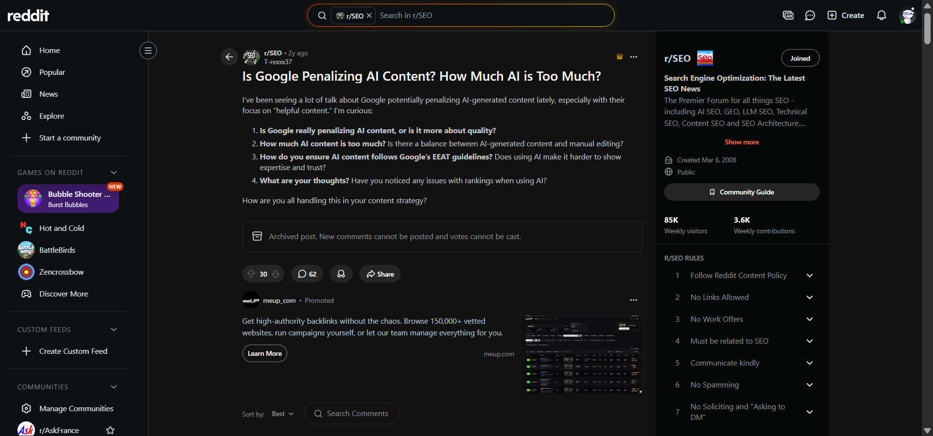 a Reddit comment claiming Google penalizes AI content, ideally from r/SEO or a marketing thread