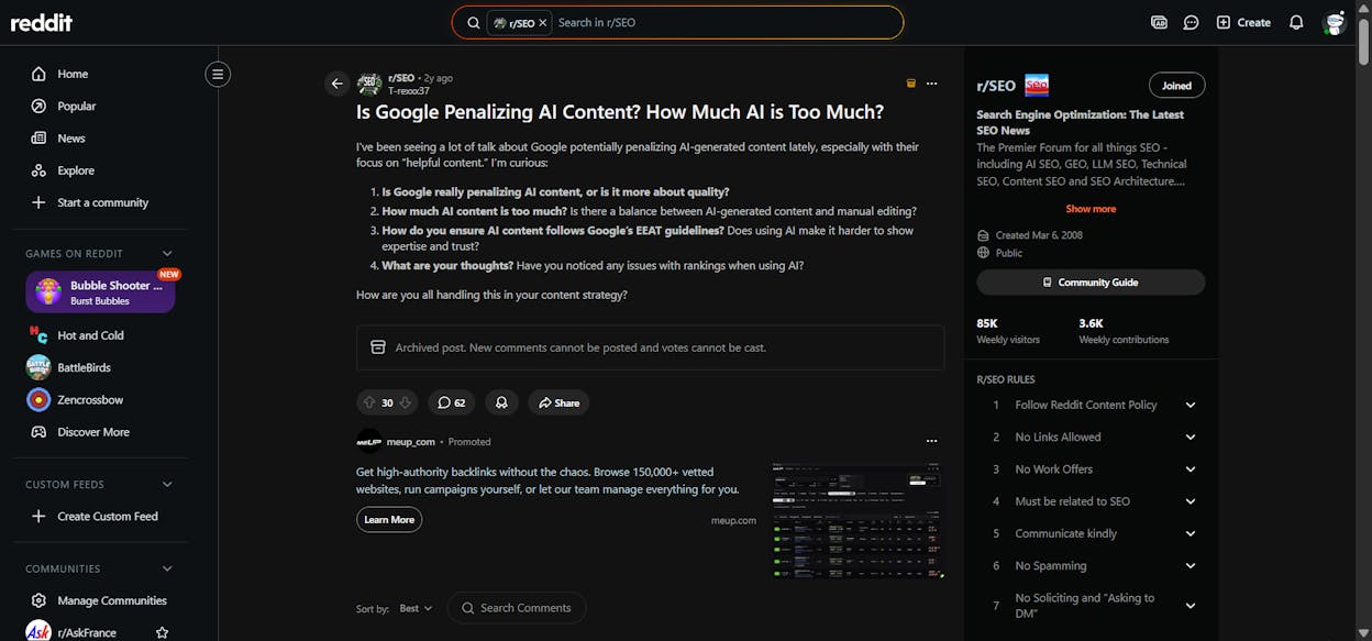 a Reddit comment claiming Google penalizes AI content, ideally from r/SEO or a marketing thread