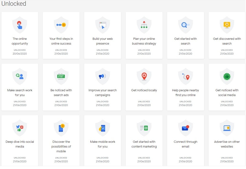 Google Digital Garage course homepage showing the 26 modules and certification badge