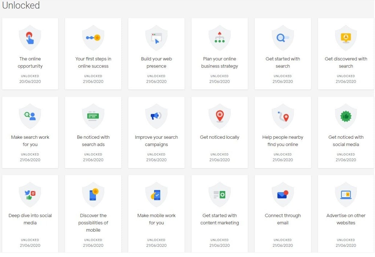 Google Digital Garage course homepage showing the 26 modules and certification badge