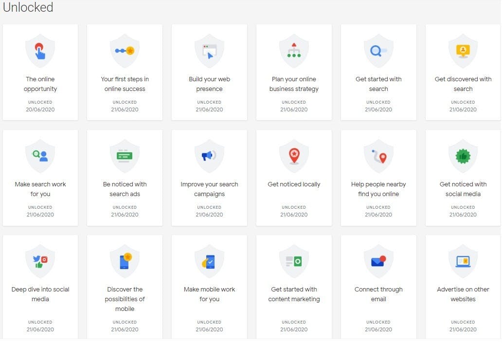 Google Digital Garage course homepage showing the 26 modules and certification badge