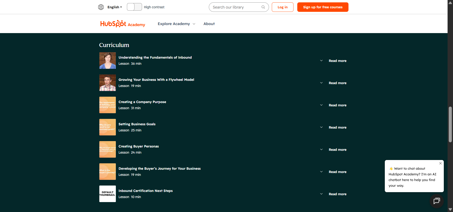 HubSpot Academy inbound certification page showing modules and exam details