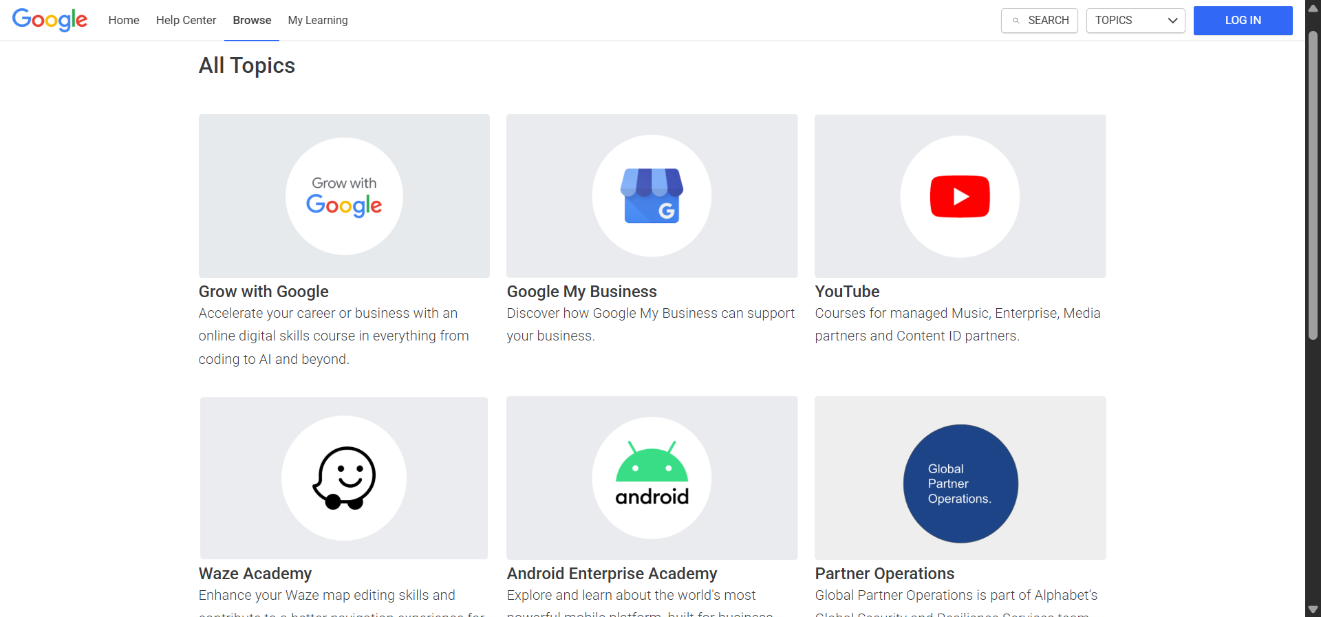 Skillshop Google Ads certifications page showing the six certification tracks side by side