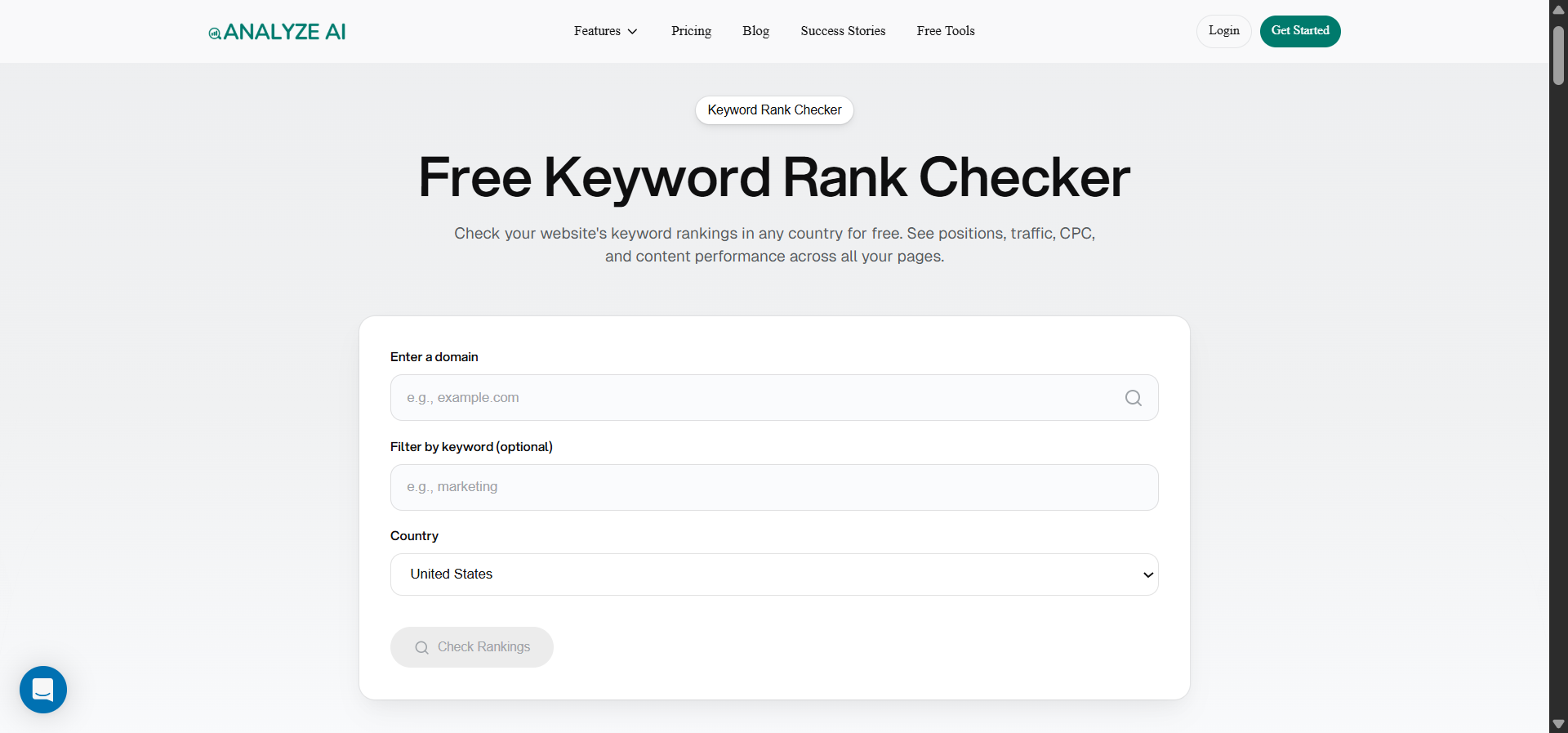 [Screenshot of the Analyze AI Keyword Rank Checker input screen with keyword, domain, and country fields]