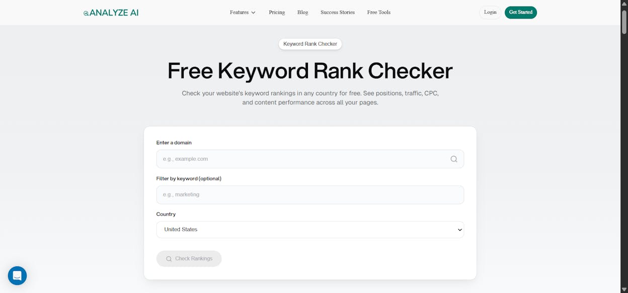 [Screenshot of the Analyze AI Keyword Rank Checker input screen with keyword, domain, and country fields]