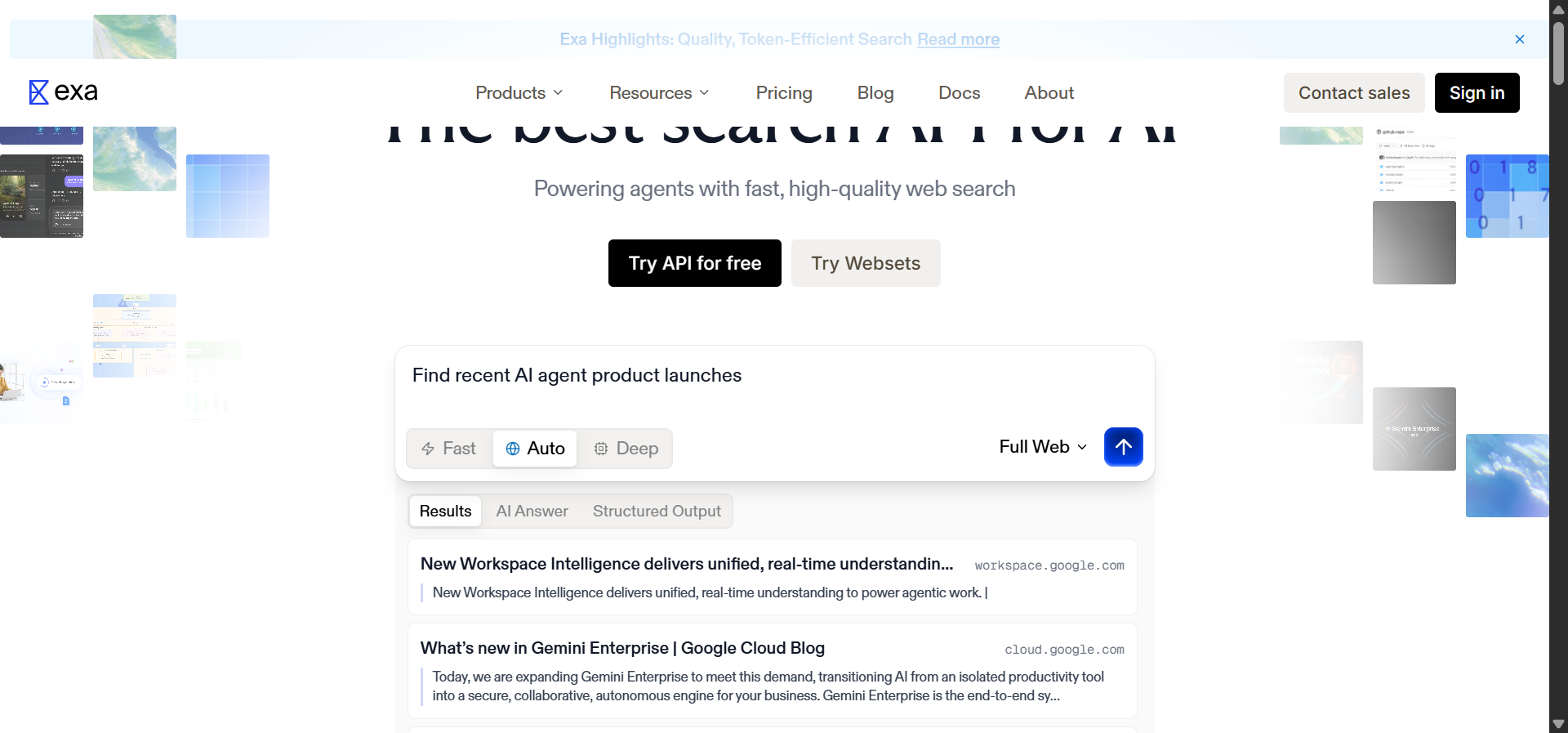 Exa.ai homepage hero showing the API search interface
