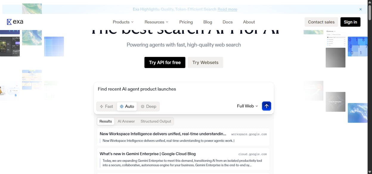 Exa.ai homepage hero showing the API search interface