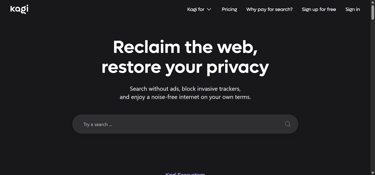 Kagi homepage emphasizing paid, no-ads, human-first search