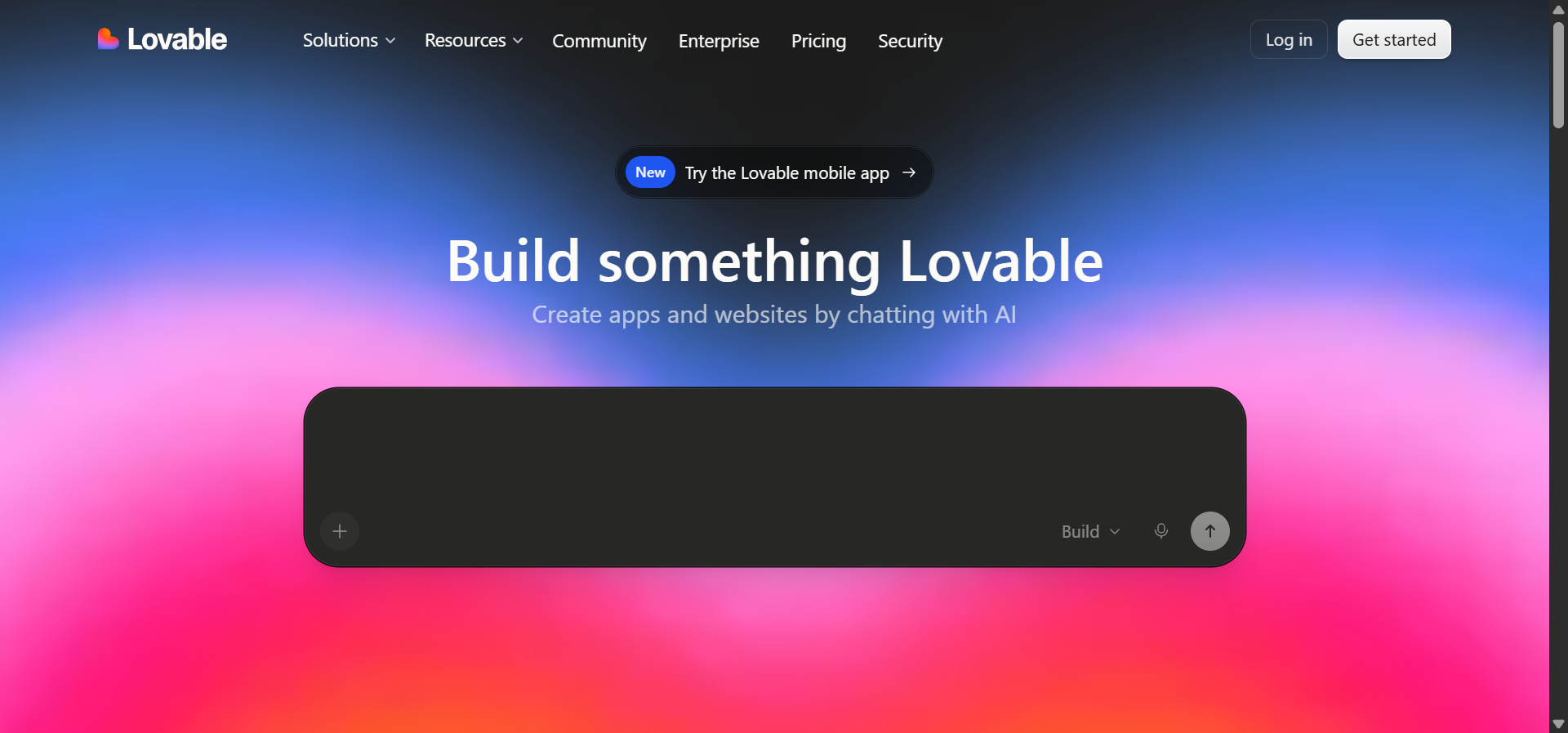 Lovable.dev homepage showing the prompt-to-app interface