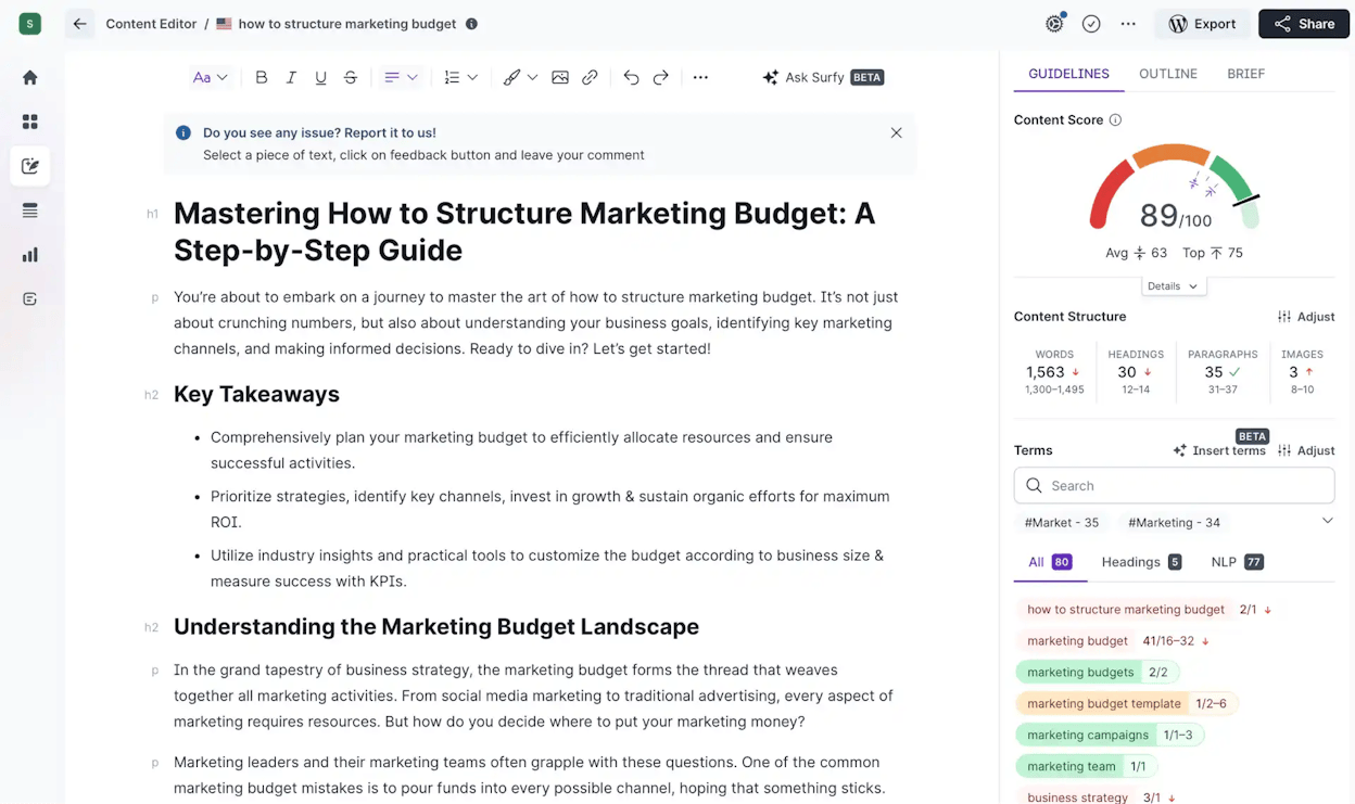 Surfer SEO content editor showing the score and recommendations panel