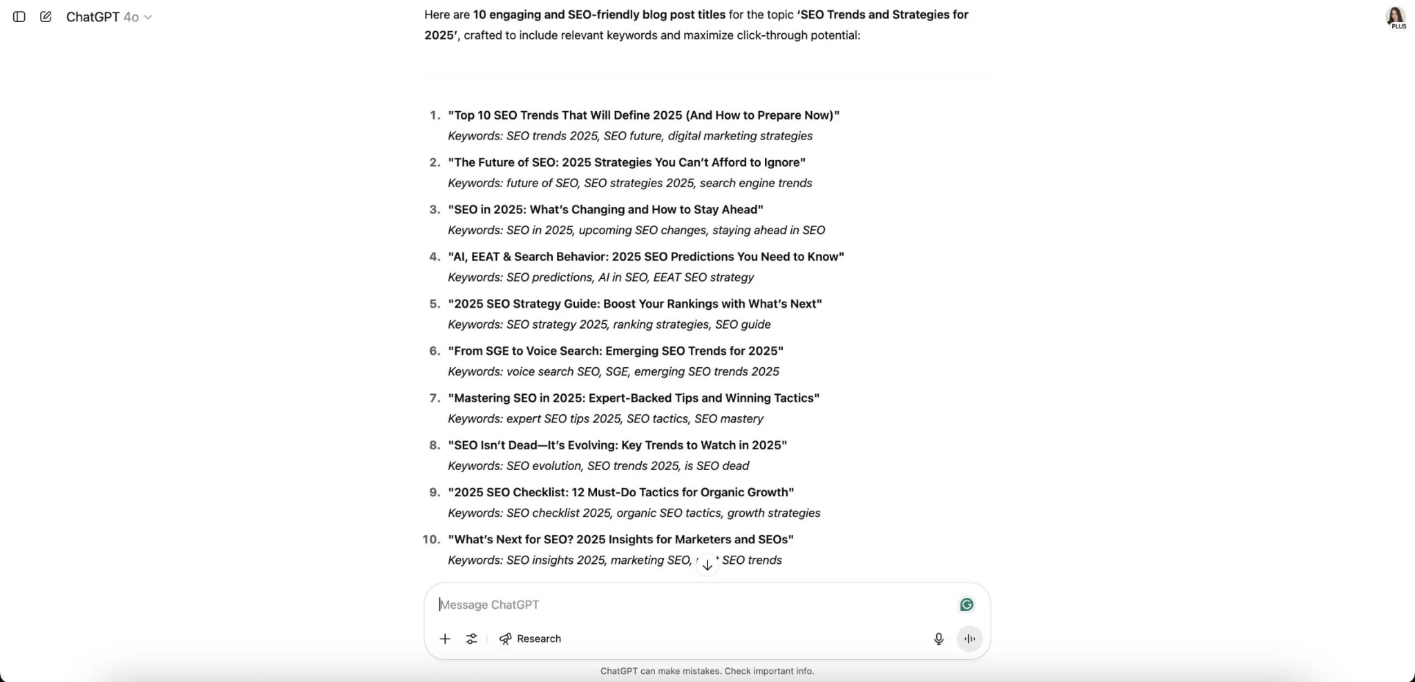 ChatGPT conversation generating an SEO content brief or schema markup
