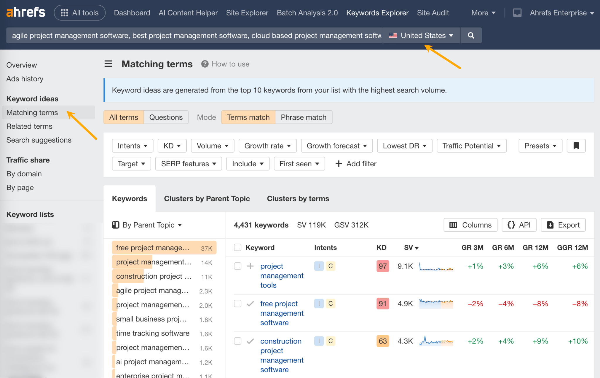 Ahrefs Keywords Explorer matching terms report with the include filter for affiliate modifiers applied