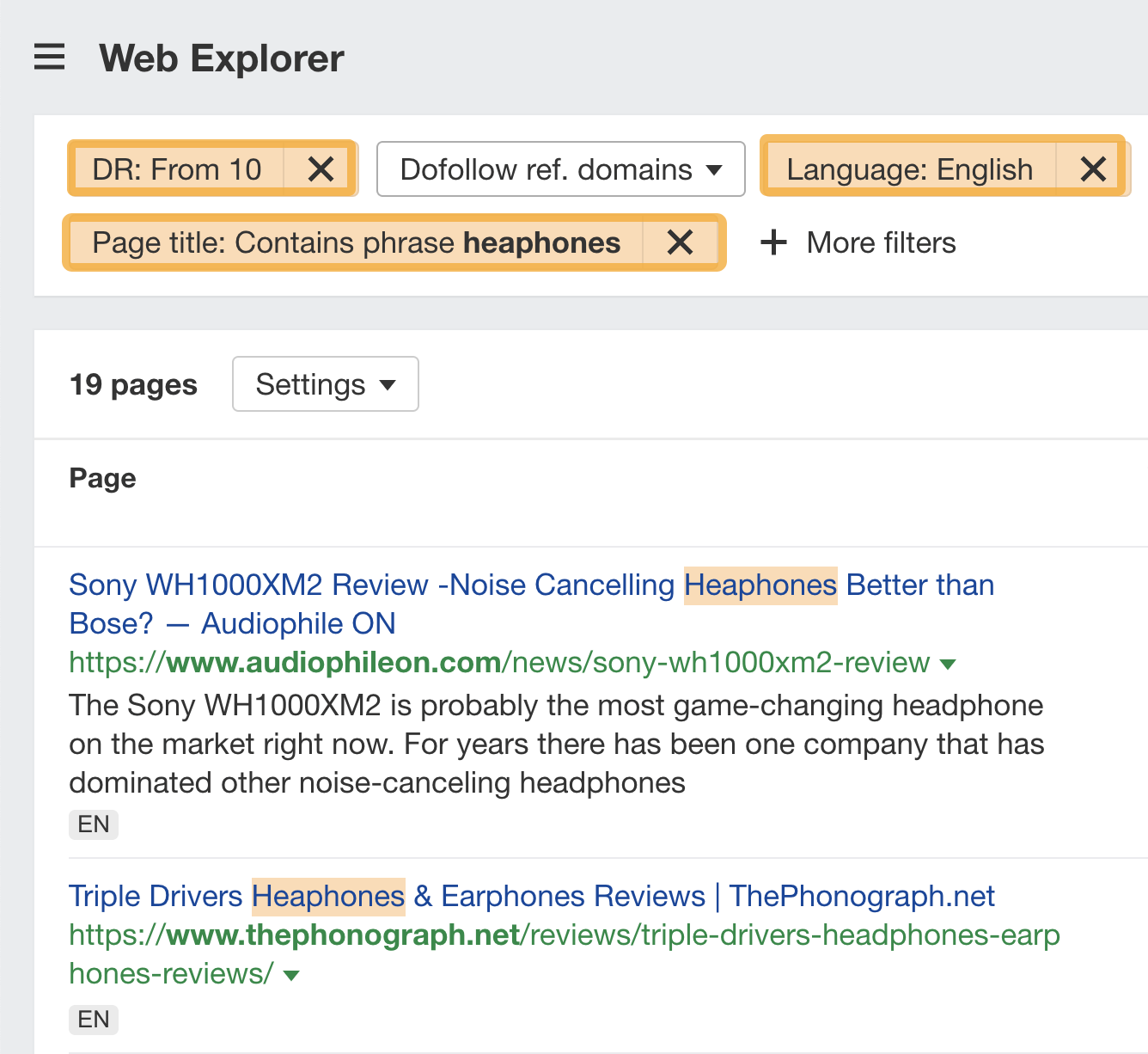 [Screenshot of Ahrefs Web Explorer showing the footprint search results with the query above]