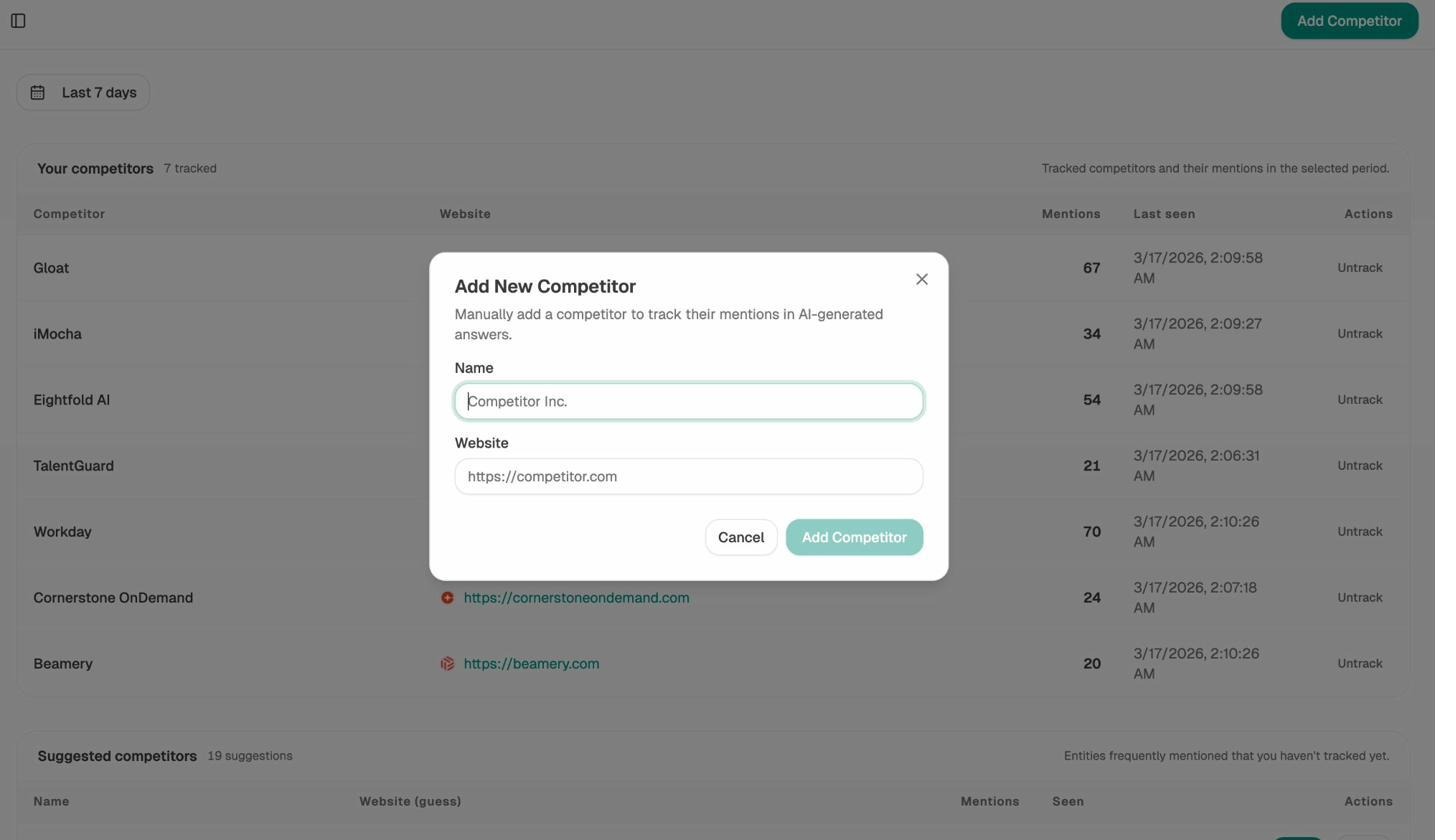 Competitors dashboard inside Analyze AI tracking affiliate sites and their AI mention counts