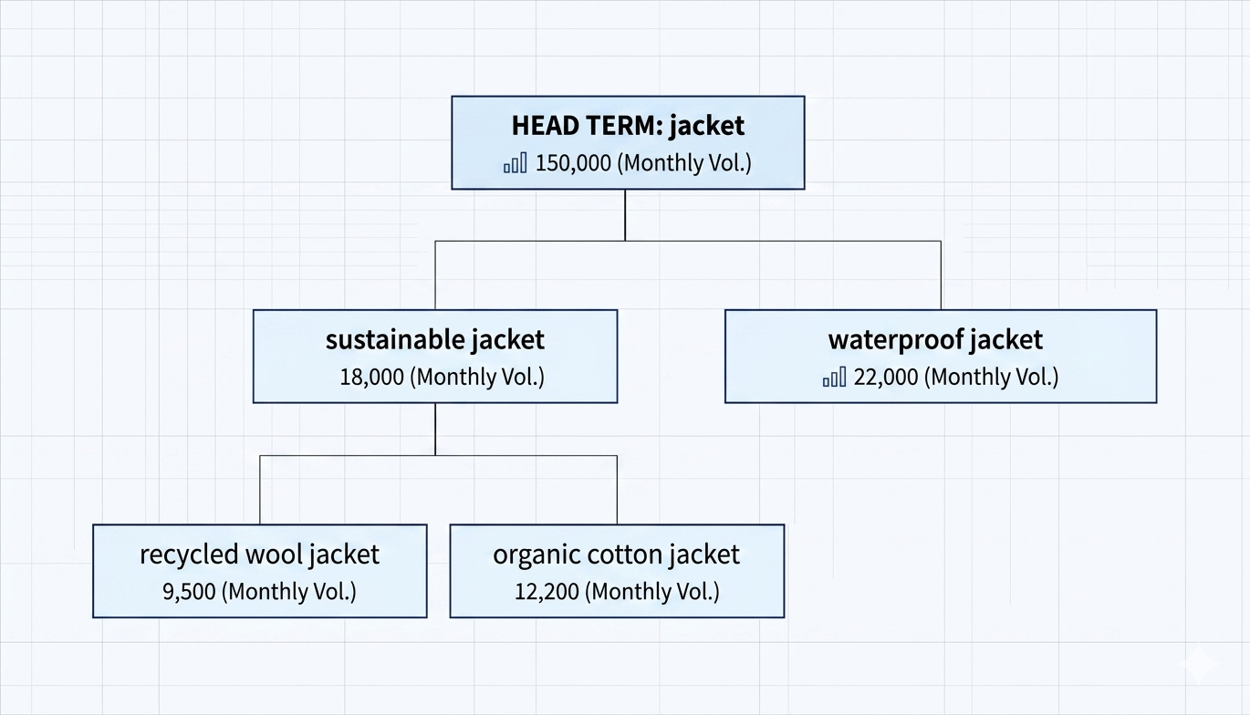 [Screenshot of three rows showing &ldquo;jacket&rdquo; as a head term branching out into niche variations like &ldquo;sustainable jacket&rdquo; and &ldquo;recycled wool jacket&rdquo;, with rough volume numbers next to each]
