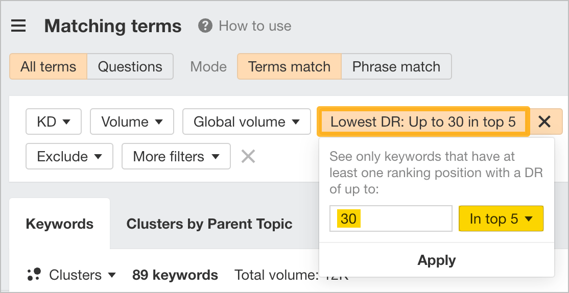 Ahrefs Matching terms report showing a long list of keyword variations with columns for KD, Volume, TP, and Parent Topic