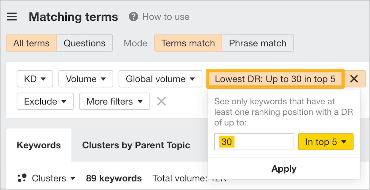 Ahrefs Matching terms report showing a long list of keyword variations with columns for KD, Volume, TP, and Parent Topic