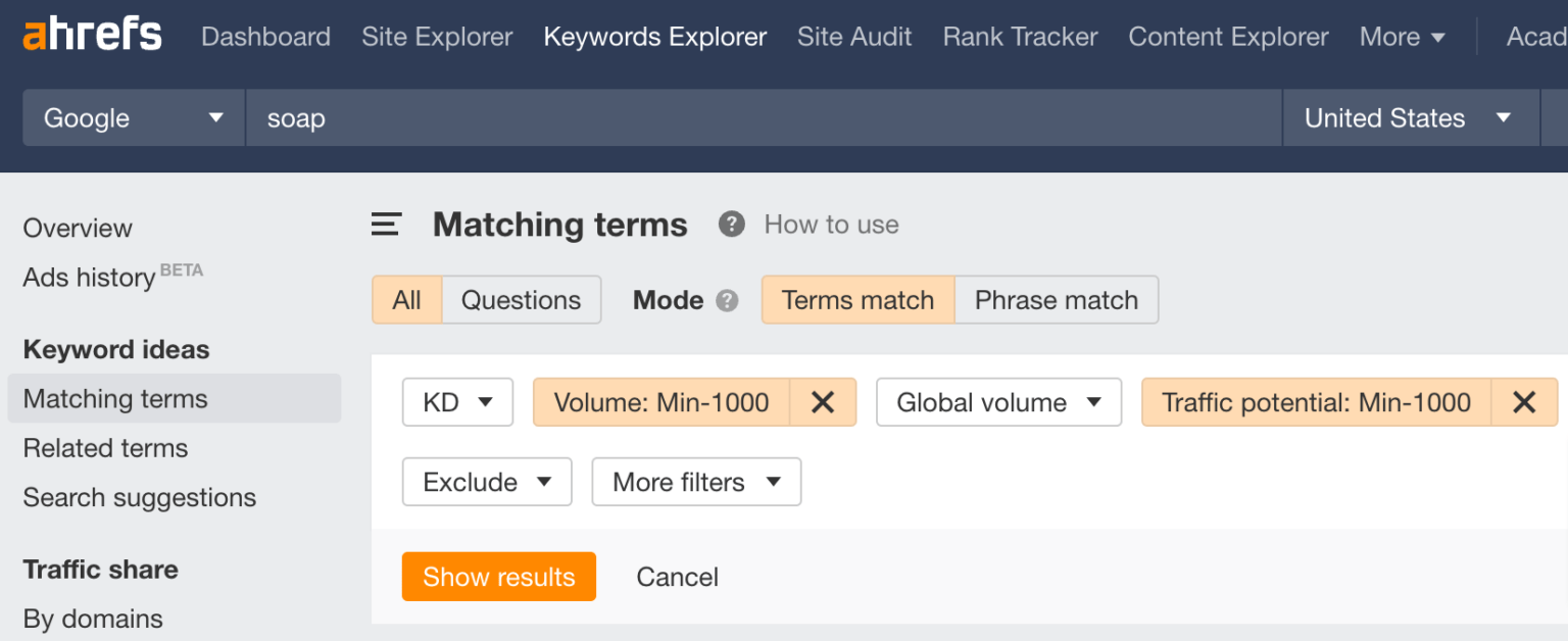the filter panel in Ahrefs Keywords Explorer with Volume max set to 1000 and TP max set to 1000, with the “Show results” button highlighted