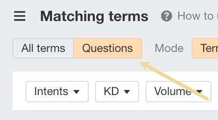 [Screenshot of the Matching terms report dropdown switched from &ldquo;All&rdquo; to &ldquo;Questions&rdquo;]