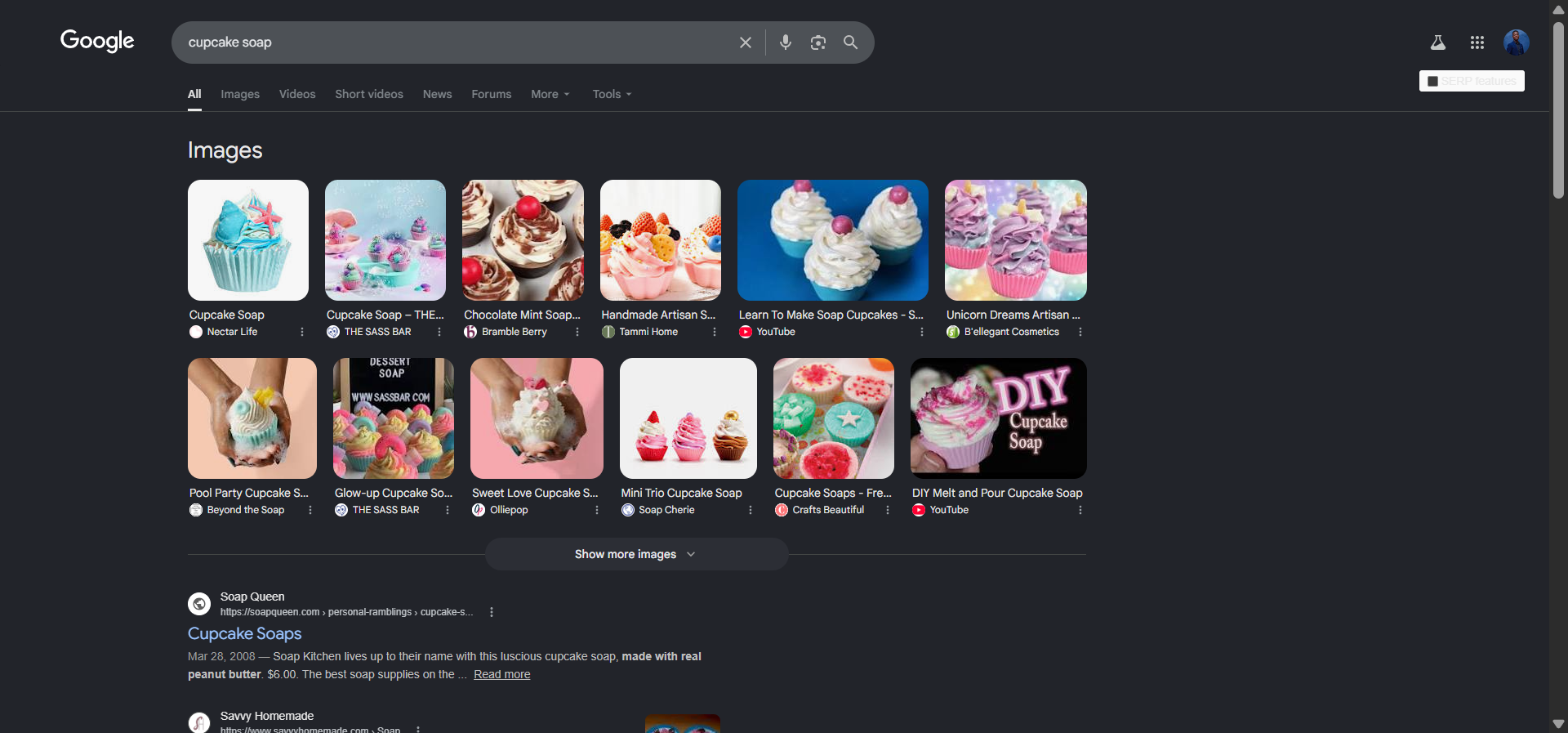 Google SERP for “cupcake soap” showing rows of product images and shopping listings, indicating clear transactional intent