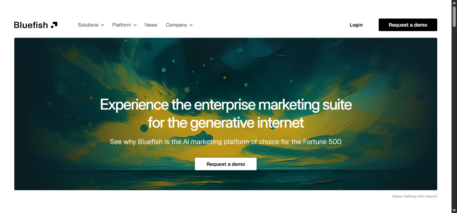 [Description of Bluefish AI homepage hero with &ldquo;AI marketing platform for the Fortune 500&rdquo; headline]