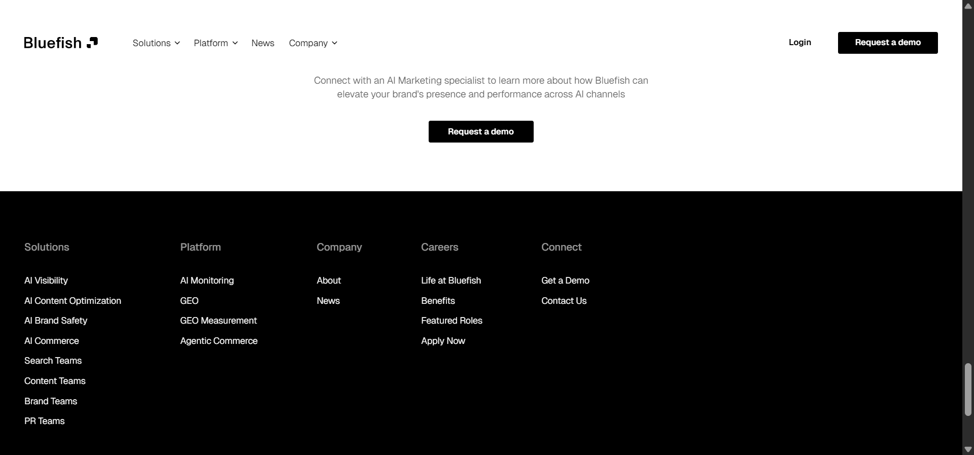 [Description of Bluefish AI pricing page showing only a &ldquo;Request a demo&rdquo; CTA, no public plans]