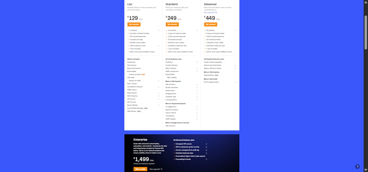 [Description of screenshot to use: Ahrefs pricing page showing Starter, Lite, Standard, Advanced, and Enterprise plans side by side]