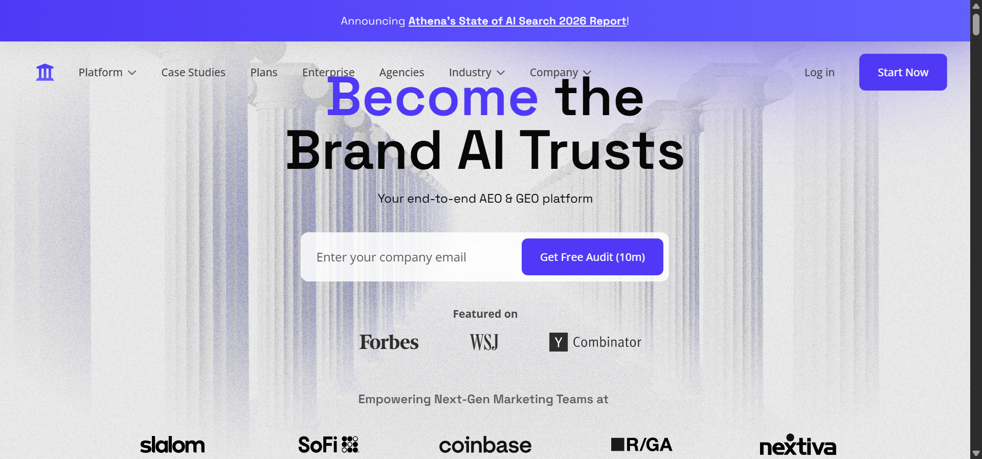 AthenaHQ.ai homepage hero showing the GEO platform positioning