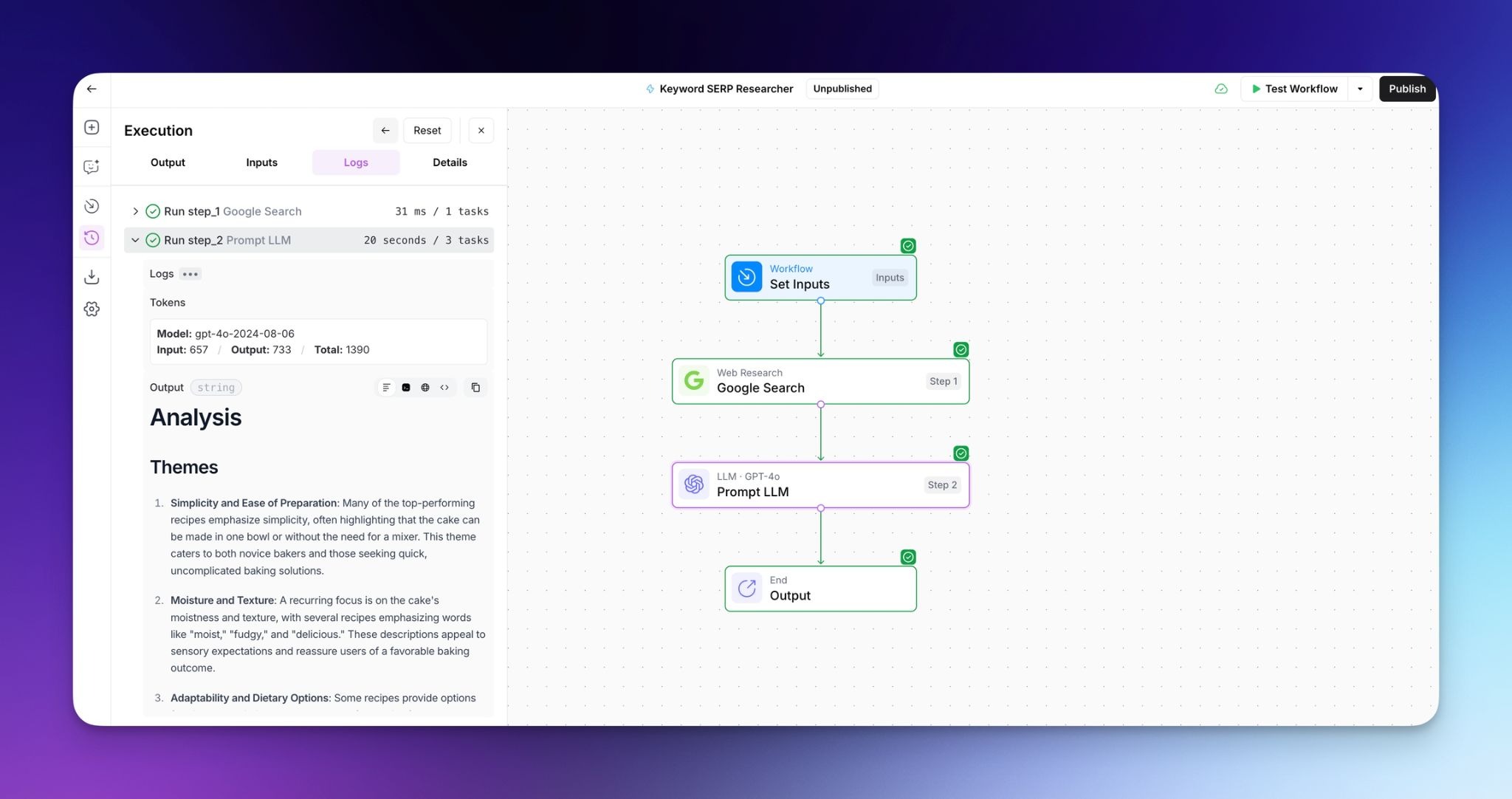 AirOps Power Agents drag-and-drop workflow builder with steps connected as nodes, showing input fields and configuration panels on the right.