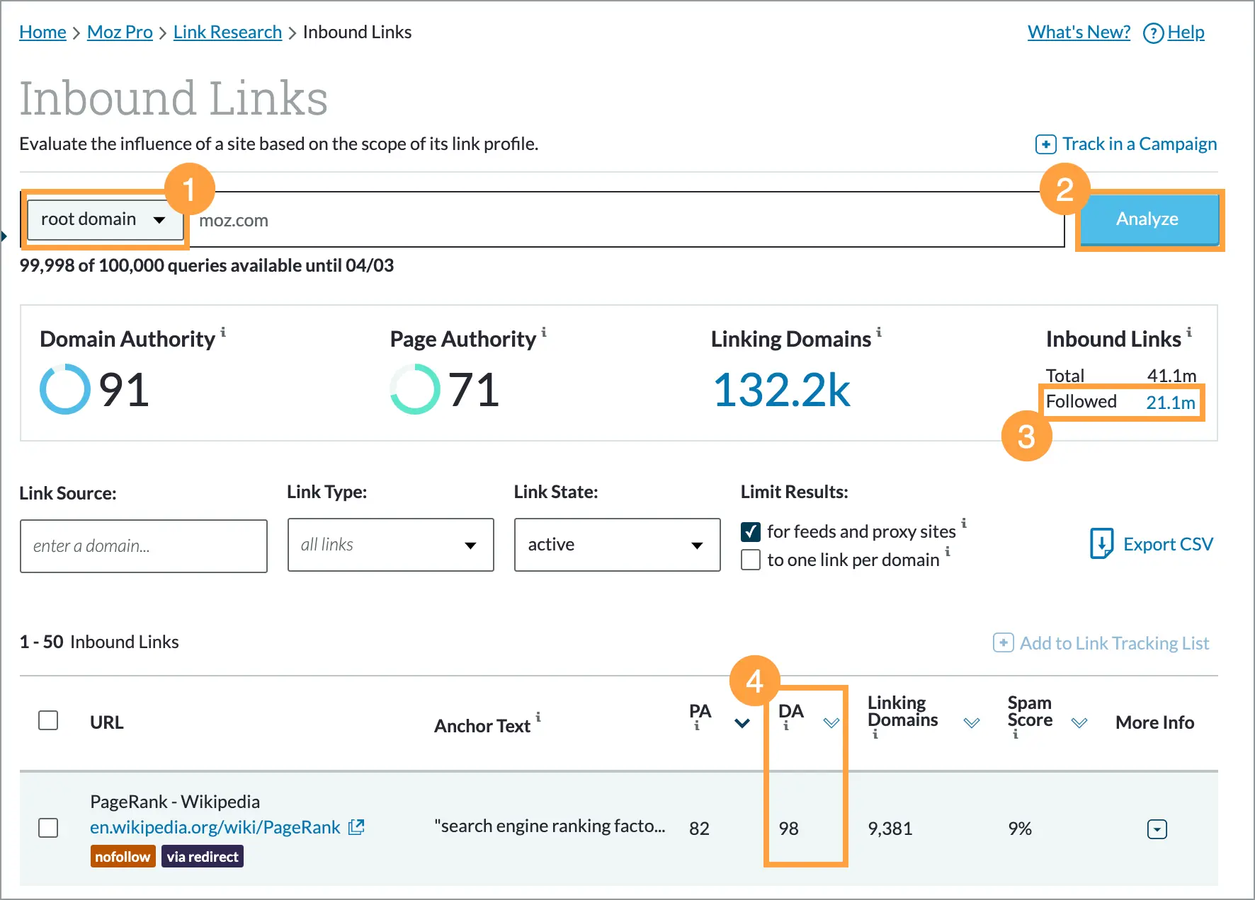 Moz Pro Link Explorer dashboard showing Domain Authority, linking domains, and inbound links
