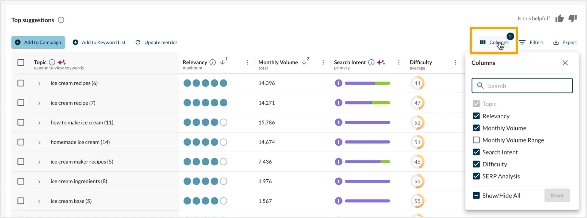 Moz Keyword Explorer showing keyword suggestions with Volume, Difficulty, Organic CTR, and Priority columns