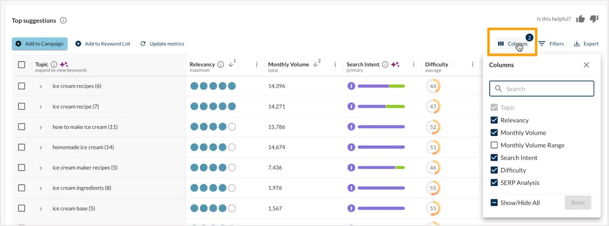 Moz Keyword Explorer showing keyword suggestions with Volume, Difficulty, Organic CTR, and Priority columns