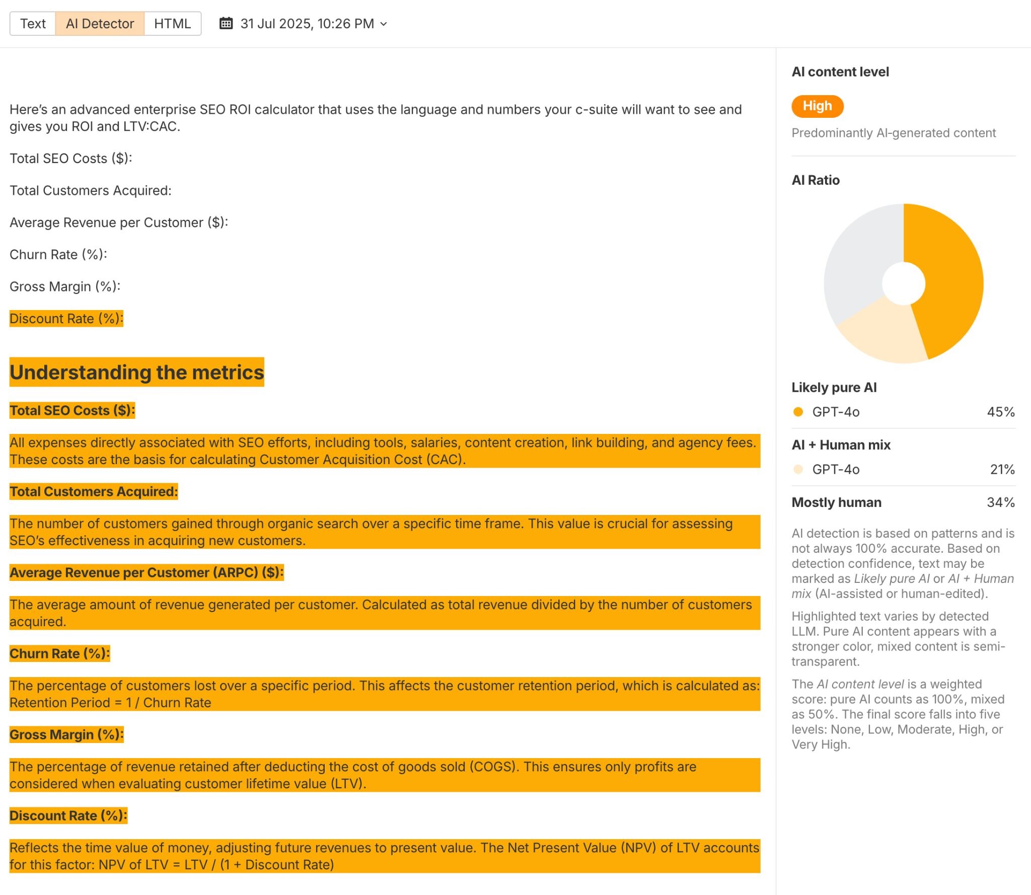 Ahrefs AI content detector or Site Audit AI references view.