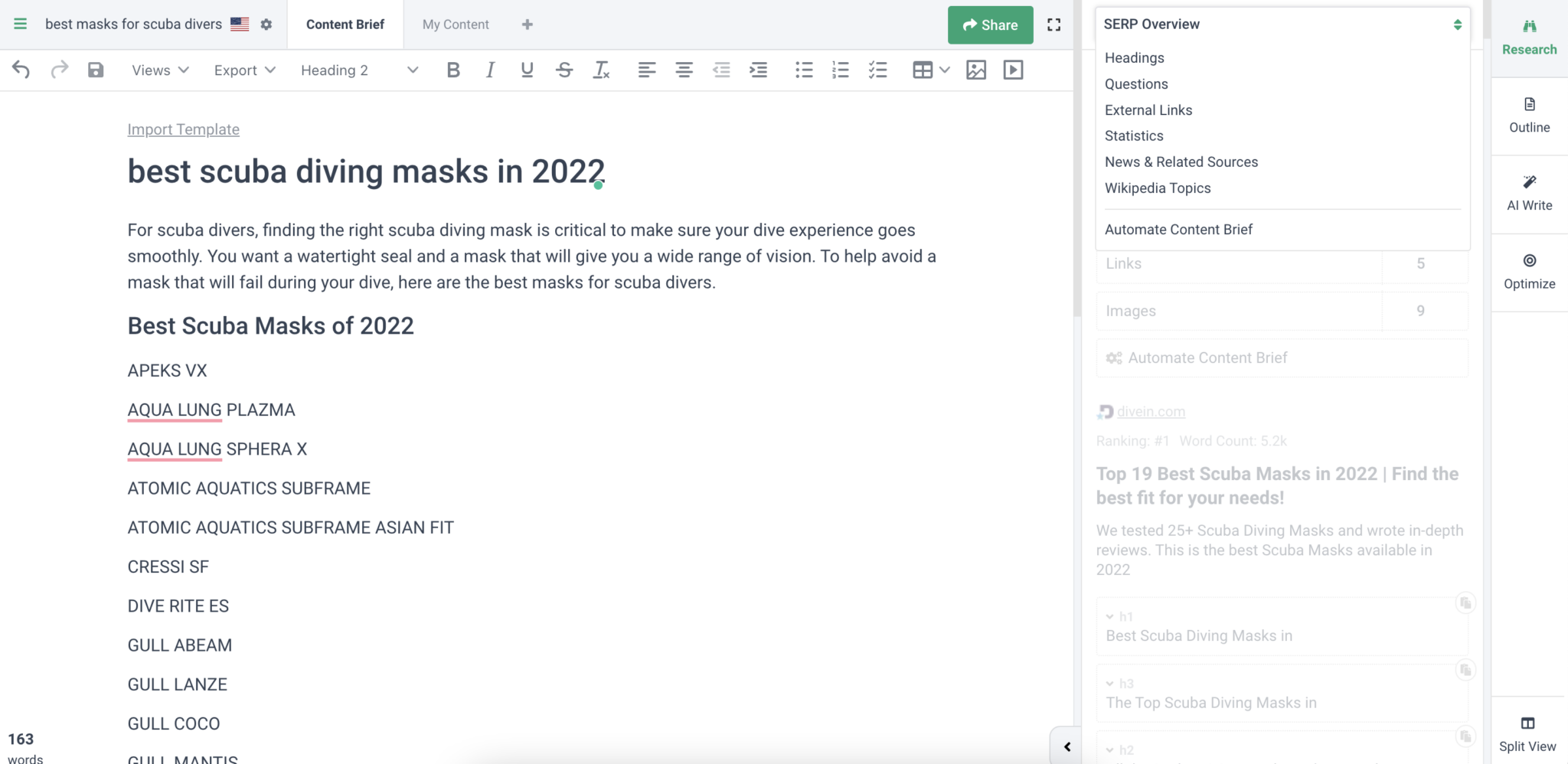 [Screenshot of the Frase brief builder with the SERP research panel on the left, headings on the right, and the questions section pulled from People Also Ask and Reddit]