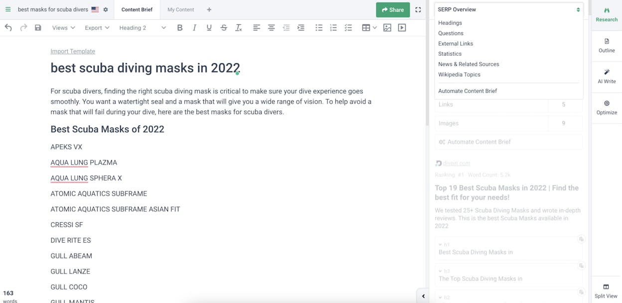 [Screenshot of the Frase brief builder with the SERP research panel on the left, headings on the right, and the questions section pulled from People Also Ask and Reddit]