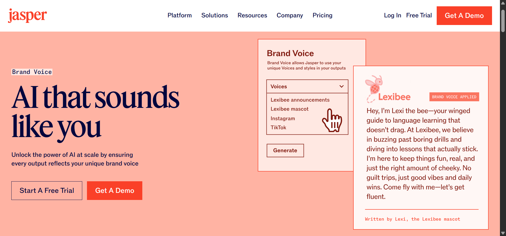 [Screenshot of the Jasper Brand Voice settings panel with the company description field, the tone slider, and the audience and style rules]