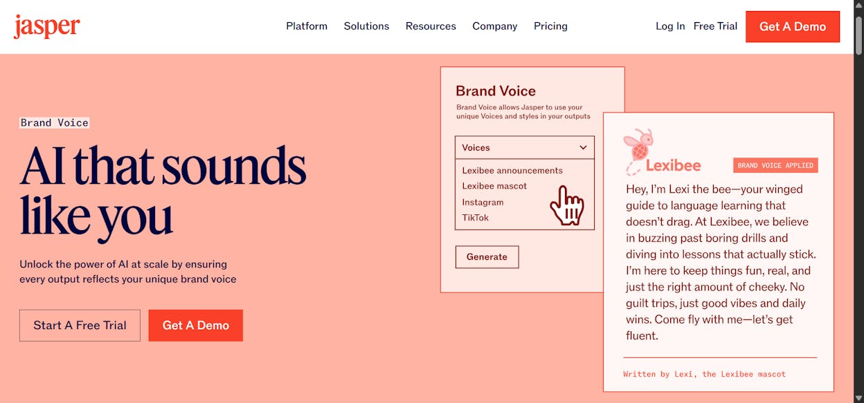 [Screenshot of the Jasper Brand Voice settings panel with the company description field, the tone slider, and the audience and style rules]